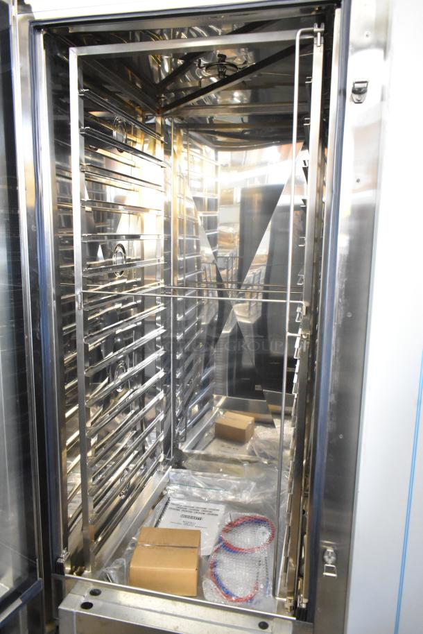 Brand new Blodgett BCT-202 stainless steel electric combi convection oven with view-through door and roll-in rack. 208V, 3-phase.