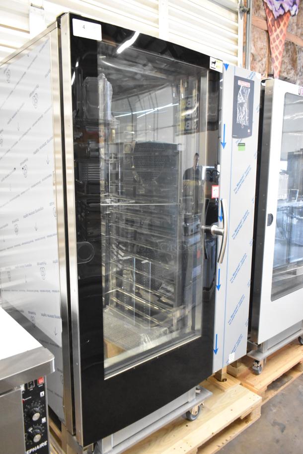 Brand new Blodgett BCT-202 stainless steel commercial roll-in rack combi convection oven with view-through door and transport rack.