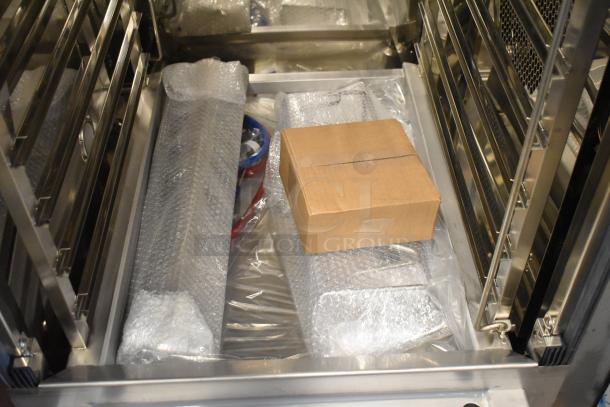 Brand new Blodgett BCT-202 stainless steel roll-in rack combi convection oven, boxed and bubble-wrapped, 208V, 3-phase.