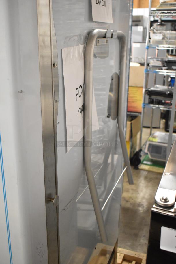 Brand new Blodgett BLCT-202 stainless steel commercial convection oven, scratch and dent, with metal pan transport rack.