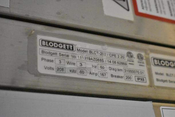 Label on Blodgett BLCT-202/CPE 2.20 stainless steel combi convection oven. 208V, 3-phase, 60Hz. Serial No: 111319AZ088S.