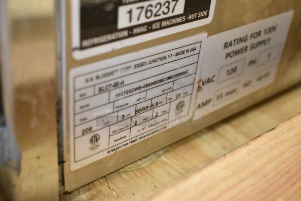 Label of Blodgett BLCT-6E-H oven, showing model details, 208V, 3-phase power, made in USA. Stainless steel exterior.