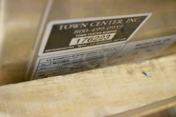 Label on the Blodgett BLCT-6E-H oven, showing model and utility info. New, scratch and dent, ventless, 208V, 3 Phase.
