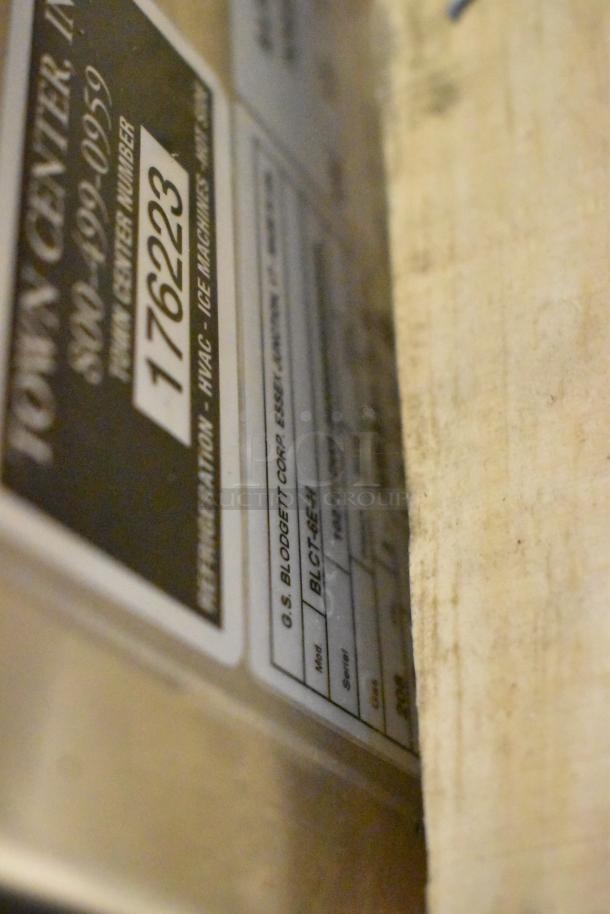 Label on the Blodgett BLCT-6E-H oven, showing model and serial number details; 2022, stainless steel.