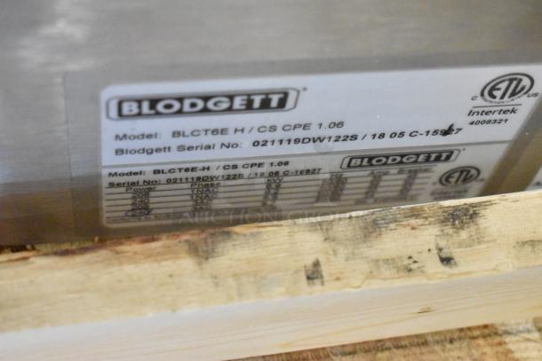 "Blodgett BLCT-6E-H Combi Convection Oven label showing model, serial number 021119DW122S, and specifications."