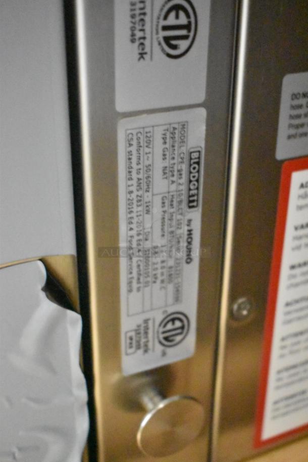 2023 Blodgett CPE-gas 2.10/BLCT 102 stainless steel convection oven label, showing model info and certifications.
