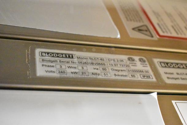 Blodgett BLCT-62 convection oven label showing model, serial number, 240V, 3-phase power specs. Stainless steel exterior.