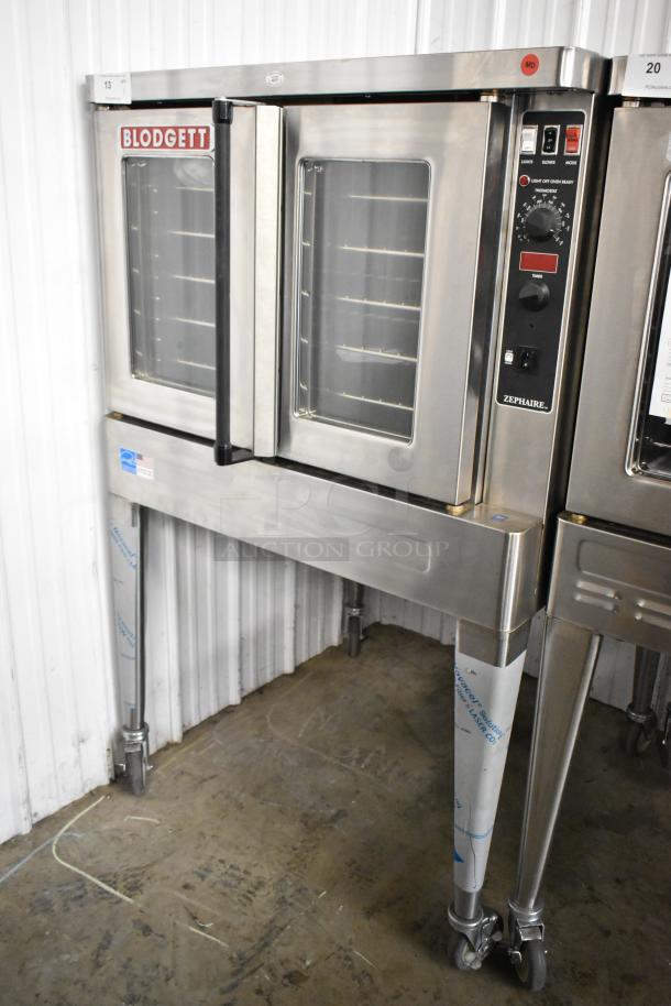 Brand new 2022 Blodgett Zephaire-200-E convection oven, stainless steel, view-through doors, thermostatic controls, on casters.