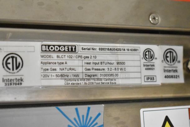 Brand new Blodgett BLCT 102/CPE-gas 2.10 convection oven label, 95,500 BTU, natural gas, model details shown.