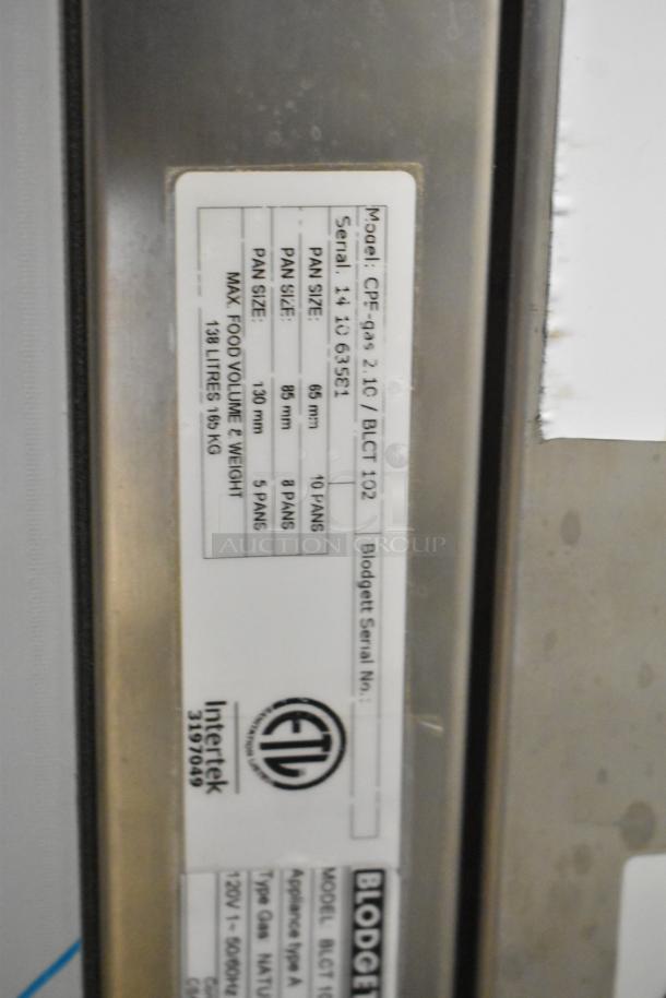 Label on Blodgett BLCT 102/CPE-gas 2.10 stainless steel convection oven, detailing model info and specifications.