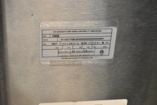 2021 Blodgett 1060B single deck pizza oven label, natural gas, 85,000 BTU, stainless steel, commercial use.
