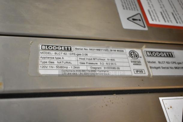 2019 Blodgett BLCT 62 convection oven label, stainless steel, natural gas, 81,800 BTU, door issue, IPX5 rating.