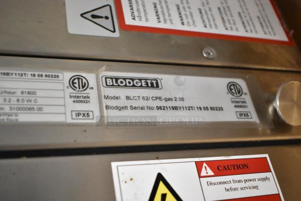 2019 Blodgett BLCT 62/CPE-gas convection oven label showing model and serial number. Stainless steel, door issue noted.