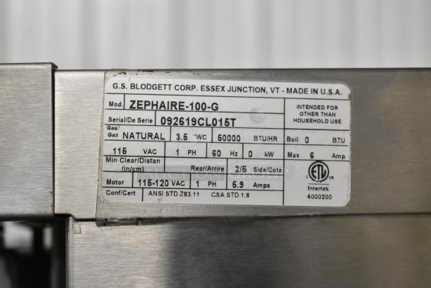2019 Blodgett Zephaire-100-G stainless steel convection oven label showing model, serial number, and specifications.