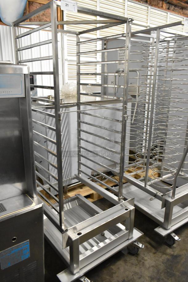 Brand new Blodgett metal portable rack for combi convection ovens, minor scratches and dents visible, on casters for mobility.