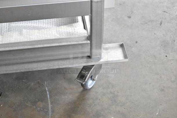 Brand new Blodgett metal portable rack for combi convection ovens, with minor scratches and dents. Features sturdy casters.
