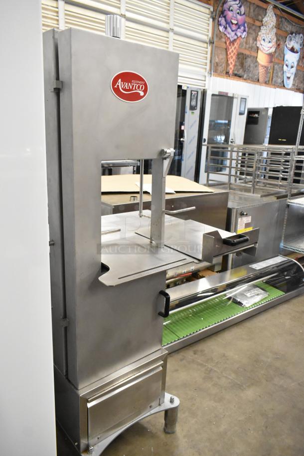 Brand new Avantco EMBS94SS 94" vertical band meat saw, 220V, 3-phase, stainless steel, with minor scratches.