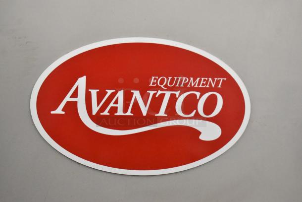 Avantco brand logo on the stainless steel surface of the 94" Blade Vertical Band Meat Saw, model 177EMBS94SS.