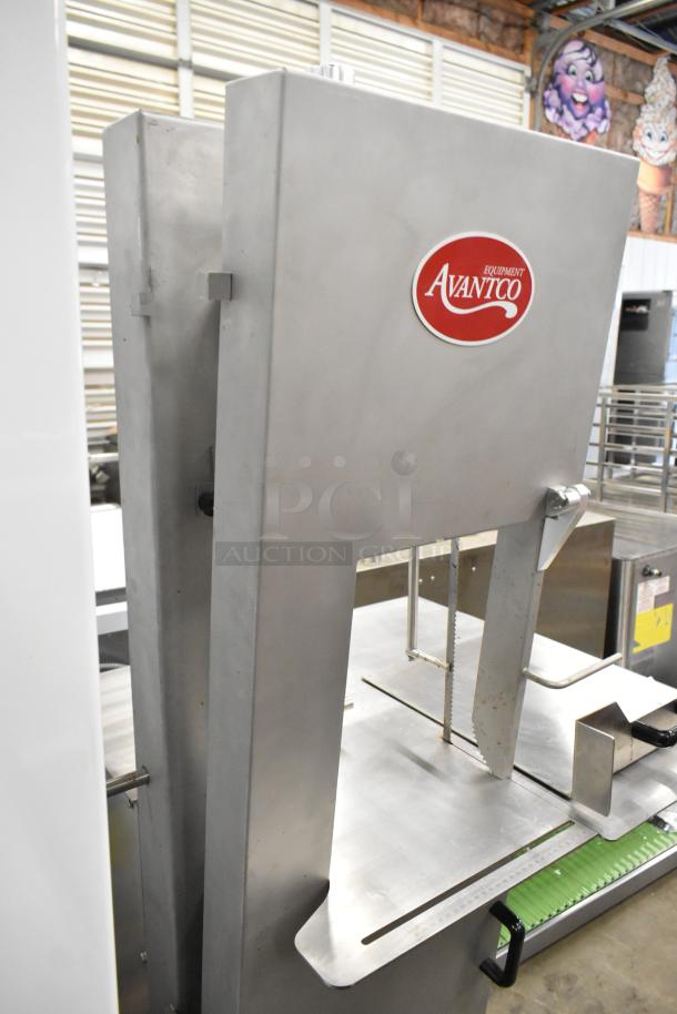 BRAND NEW Avantco EMBS94SS 94" stainless steel band meat saw, 220V, 3 phase, with visible scratches and dents.