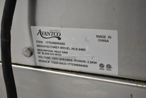 Brand new Avantco 177EMBS94SS meat saw with 94" blade. Stainless steel, 220V 3-phase, 2.2KW. Scratch and dent condition.