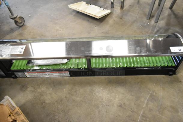 Brand new Hoshizaki HNC-180BA-R-SLH sushi display case with stainless steel and curved glass. 115V, 1 phase. Scratches visible.