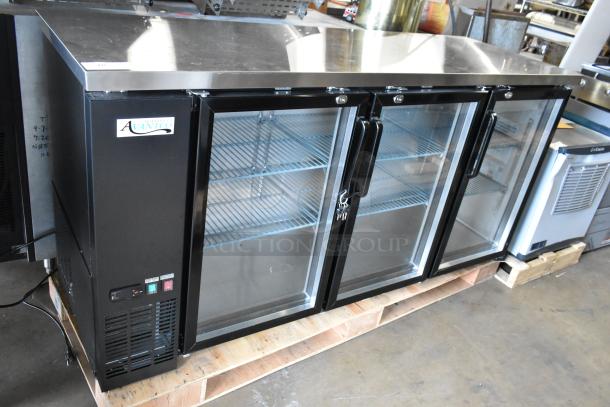 New 2024 Avantco 178UBB72GHC 73" black back bar refrigerator with narrow glass doors, LED lighting, and minor scratches.