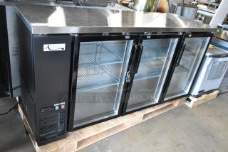 New 2024 Avantco 178UBB72GHC 73" black back bar refrigerator with narrow glass doors, LED lighting, and minor scratches.