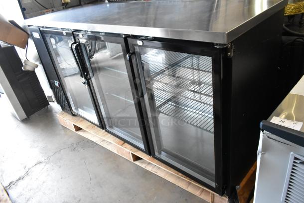 BRAND NEW Avantco 178UBB72GHC 73" black back bar refrigerator with glass doors, LED lighting, minor scratches, 115V.