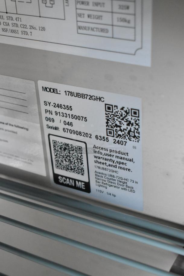 Alt Text: Model label for Avantco 178UBB72GHC refrigerator, showing product details, QR codes, and specifications.
