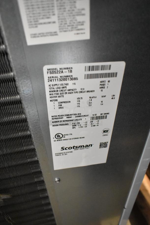 Brand new Scotsman FS0522A-1B air-cooled flake ice machine, 450 lb capacity, 115 volts, scratch and dent condition.