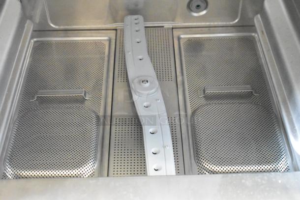 Brand new Hobart CUL-1 stainless steel undercounter dishwasher, low temp model, showing interior components.
