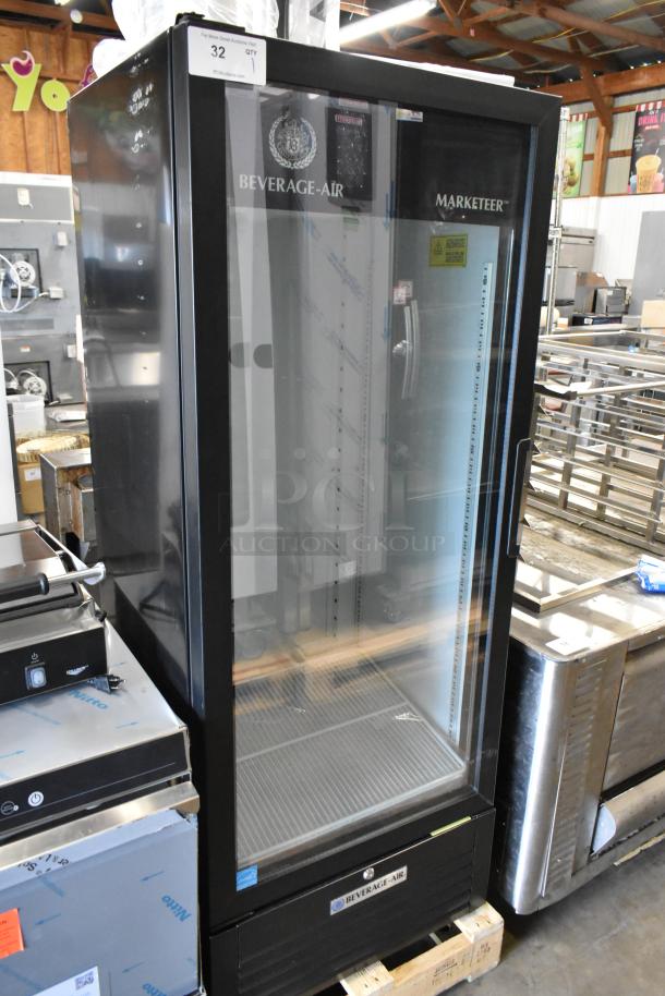 Beverage Air MT12-1 Black Glass Door Merchandiser, brand new with minor scratches, left hinged, LED lighting, 115V, single phase.
