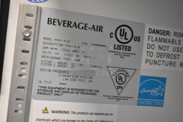 Beverage Air MT12-1 label detailing specs: 115 Volts, phase 1, UL listed, refrigerant type R-290, Energy Star certified.