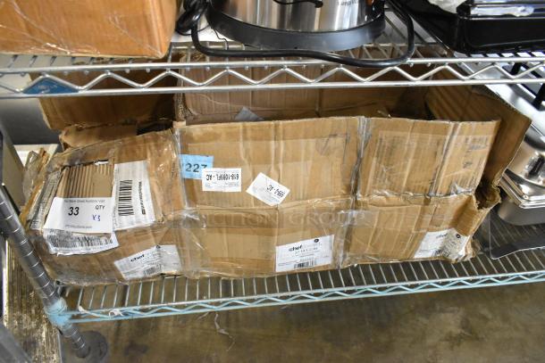 3 boxes labeled "cheforward™ by GET Savor 10" Melamine Plates." Boxes have wear, labeled with quantities and details.