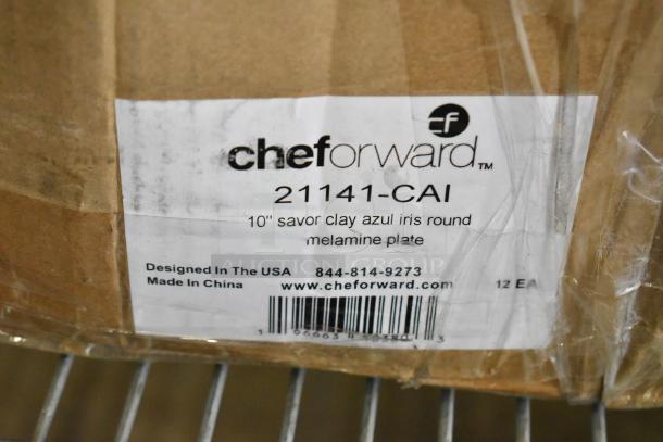 3 boxes of cheforward™ Savor 10" round melamine plates, Clay Azul Iris design, 12 per case. Brand new, slight packaging damage.