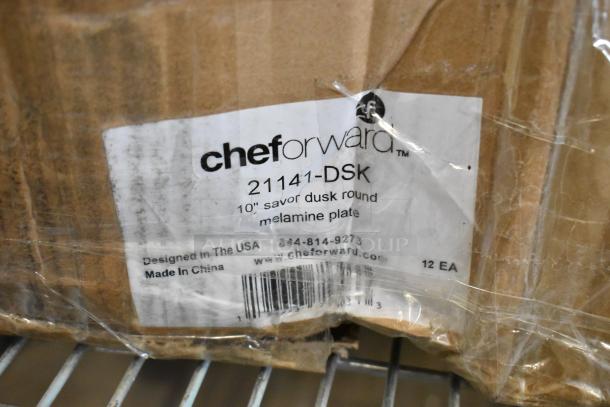 Cardboard box with cheforward™ label for Savor 10" Round Dusk Melamine Plates, 12 per case, minor wear on packaging.