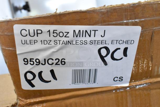15 oz. Libbey JC-26 etched stainless steel mint julep cups, 12-piece case, brand new condition, item 959JC26.