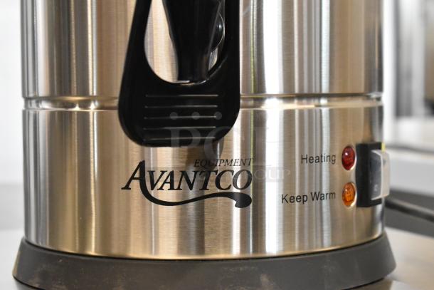 Brand new Avantco 177CU45ETL 45 cup coffee urn, stainless steel, double wall, 120V, minor scratches, heating indicators.