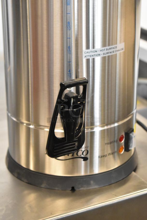 Brand new Avantco 177CU45ETL stainless steel coffee urn, 45 cups, double wall, 120V, caution label visible, excellent condition.