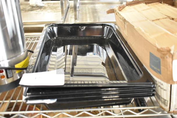 4 new Vigor black poly full-size drop-in bins, minor scratches; visible box damage.