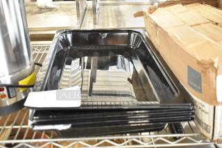 4 new Vigor black poly full-size drop-in bins, minor scratches; visible box damage.
