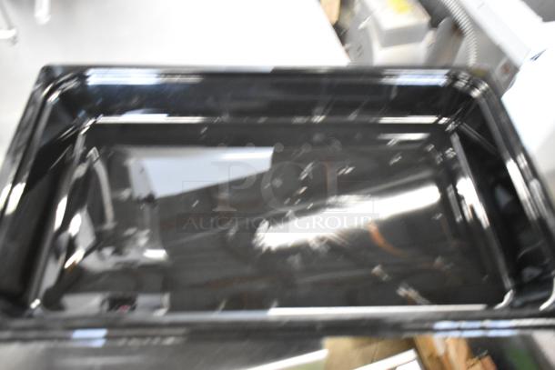 4 Vigor Black Poly Full Size Drop In Bins, brand new with minor scratches and dents. Sturdy and versatile storage solution.