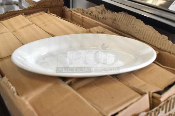 Brand new Corona 700121 white oval platter on a scratched and dented box. Pristine condition, ideal dinnerware piece.