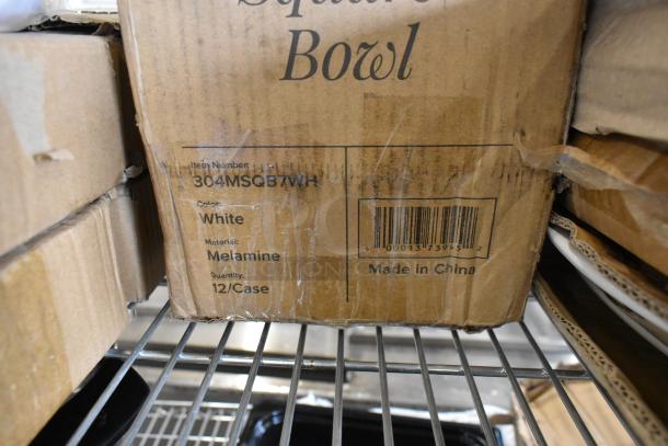 Box of Acopa Rittenhouse 50 oz. square white melamine bowls. Item: 304MSQB7WH. Quantity: 12/Case. Made in China.