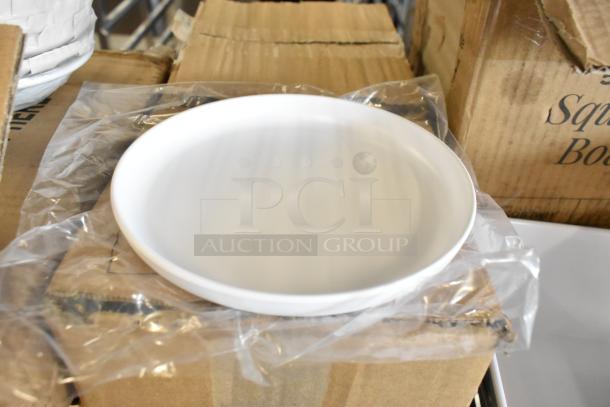 White melamine coupe plate atop boxes, part of a new but scratch and dent auction lot, including Acopa and Tuxton items.
