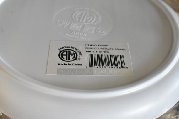 White Melamine Coupe Plate, 6 1/4" diameter, American Metalcraft; model ARP6WH. New with label and barcode.