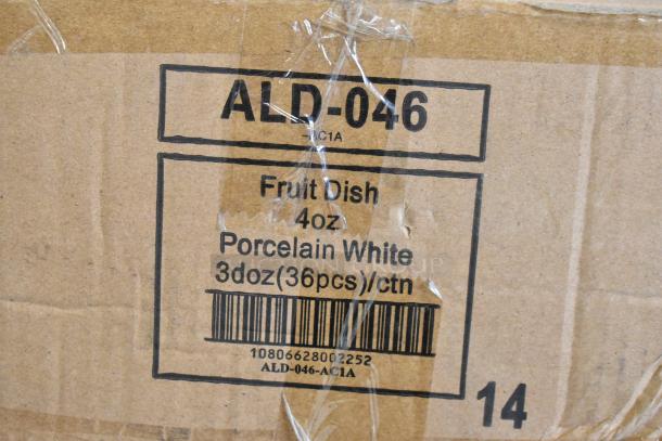 Cardboard box labeled "ALD-046," containing 36 porcelain white 4 oz. fruit dishes.