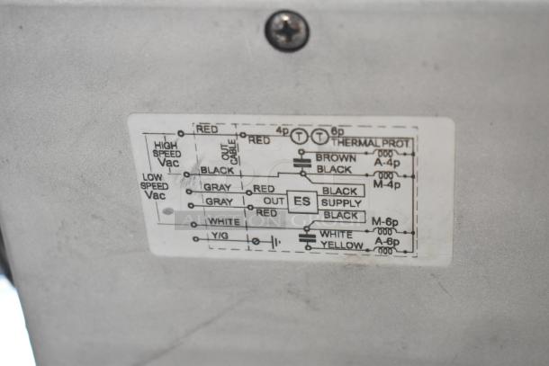 Brand new motor with scratch and dent, wiring diagram label visible. Includes thermal protection details.