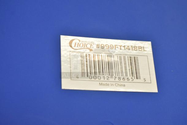 Blue Choice 999FT1418BL poly food tray with a label showing barcode, model number, and "Made in China." Brand new condition.