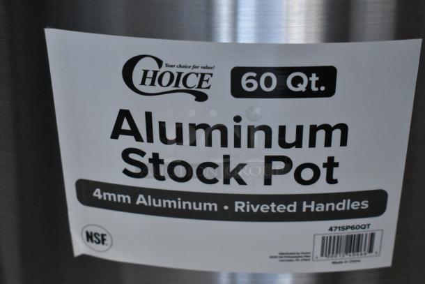Brand new Choice 471SP60QT 60 Qt. Aluminum Stock Pot, 4mm thickness, riveted handles, NSF certified, scratch and dent condition.